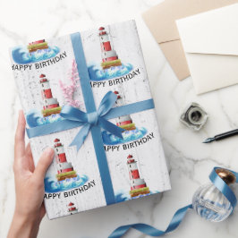 Birthday Lighthouse auf Holz Geschenkpapier