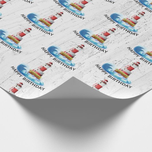 Birthday Lighthouse auf Holz Geschenkpapier (Ecke)