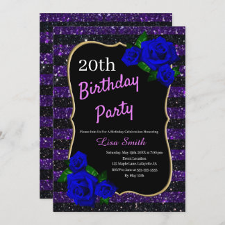 Birthday Lila Black Strip Glitzer Deep Blue Ros Einladung