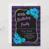 Birthday Lila Black Stripes Glitzer Blue Rose Einladung (Vorderseite)