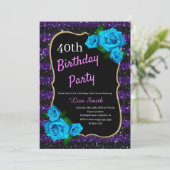 Birthday Lila Black Stripes Glitzer Blue Rose Einladung (Stehend Vorderseite)