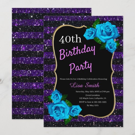 Birthday Lila Black Stripes Glitzer Blue Rose Einladung (Vorne/Hinten)