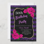 Birthday Lila Black Strips Glitzer Roses Einladung (Vorderseite)