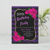 Birthday Lila Black Strips Glitzer Roses Einladung (Stehend Vorderseite)
