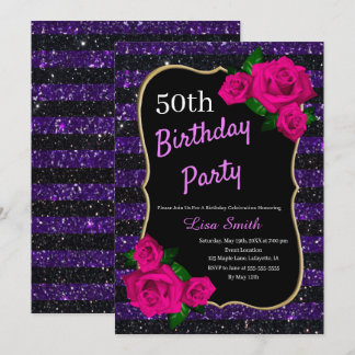Birthday Lila Black Strips Glitzer Roses Einladung