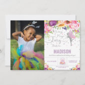 Birthday Lila Floral Silver Glitzer Foto Einladung (Vorderseite)