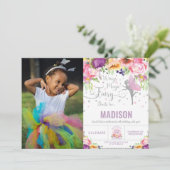 Birthday Lila Floral Silver Glitzer Foto Einladung (Stehend Vorderseite)