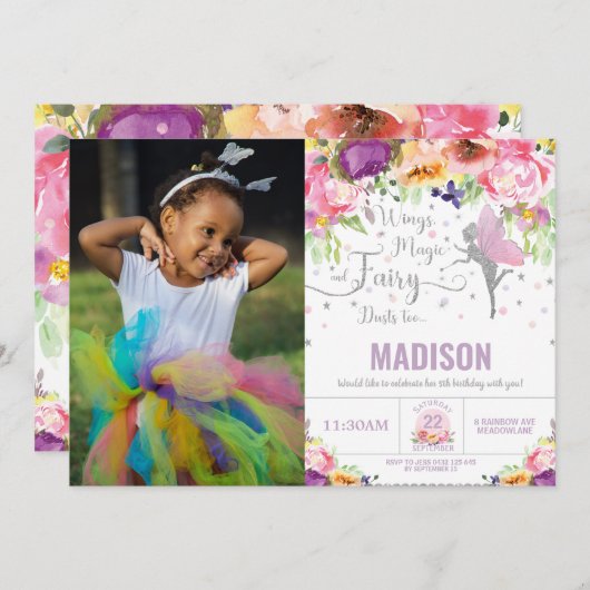 Birthday Lila Floral Silver Glitzer Foto Einladung (Vorne/Hinten)