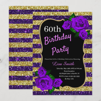 Birthday Lila Gold Streifen Glitzer Lila Rose Einladung