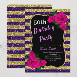 Birthday Lila Gold Streifen Glitzer Rosa Rosen Einladung