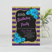 Birthday Lila Gold Stripes Glitzer Blue Rose Einladung (Stehend Vorderseite)