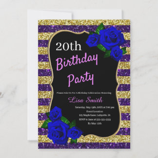 Birthday Lila Gold Stripes Glitzer Deep Blue Ros Einladung