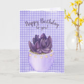 Birthday Lila Potted Succulent auf Gingham Karte (Gelbe Blume)