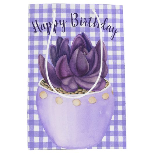 Birthday Lila Potted Succulent auf Gingham Mittlere Geschenktüte (Vorderseite)