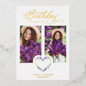 Birthday Lilac Real Gold 2 Photos Floral Heart Folieneinladung (Vorderseite)