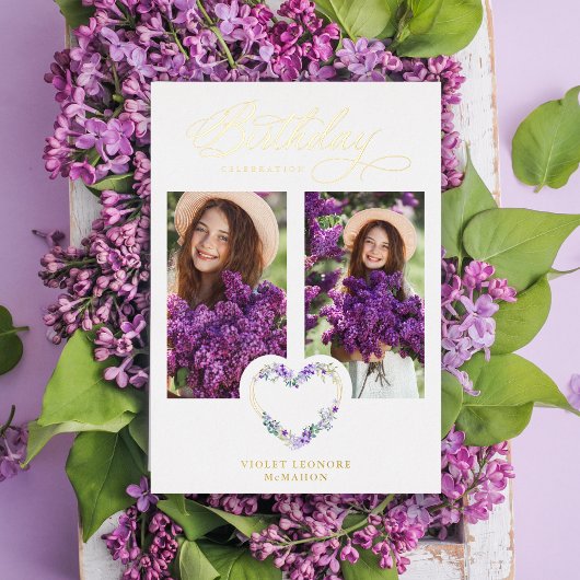 Birthday Lilac Real Gold 2 Photos Floral Heart Folieneinladung