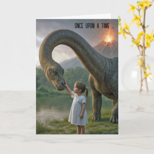 Birthday Little Girl Befriending a Dinosaurier Karte (Gelbe Blume)