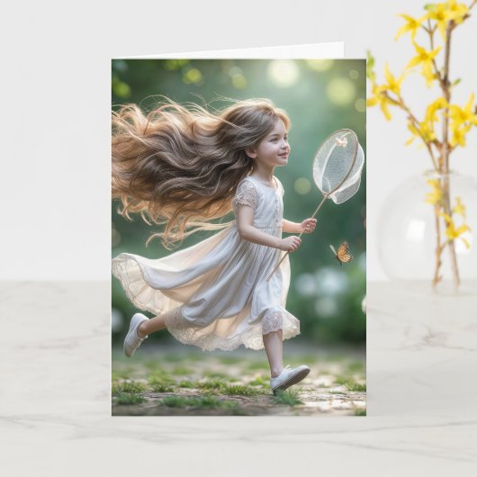 Birthday Little Girl Chasing Butterflies Karte (Gelbe Blume)