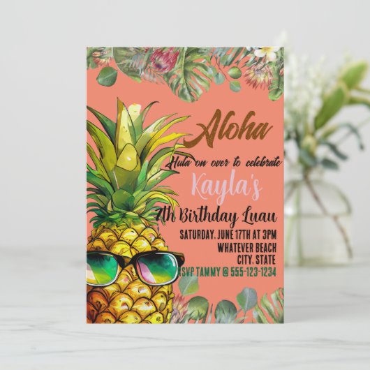 Birthday Luau Custom Kids Einladung (Stehend Vorderseite)