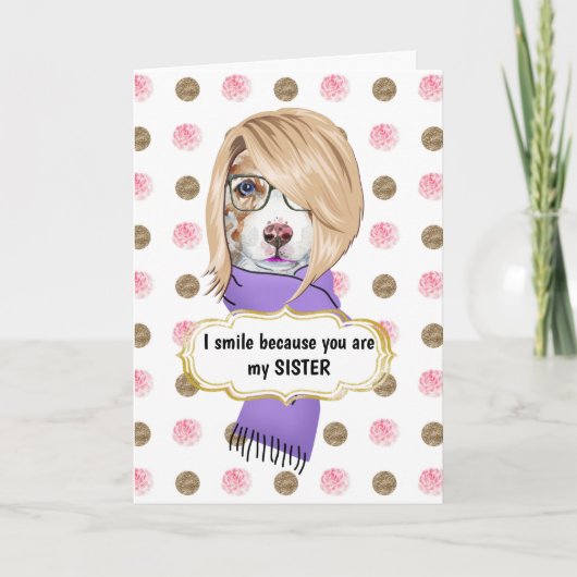 Birthday lustige Schwester Blond Collie Rose Gold Karte (Vorderseite)