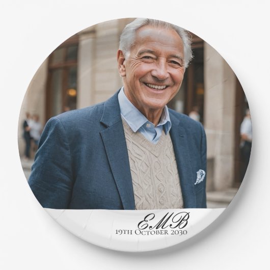 Birthday Male Stilvolles Foto White Monogram Pappteller (Vorderseite)