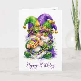 Birthday Mardi Gras Gnome Eating King Cake Karte