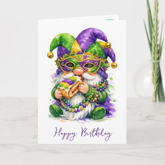 Birthday Mardi Gras Gnome Eating King Cake Karte (Vorderseite)