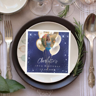 Birthday Marine Blau Glitzer Goldballons Foto Serviette
