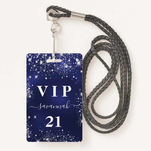 Birthday Marine Blau Silber Glitzer Vip Einladung Ausweis (Vorderseite mit Schlüsselband)