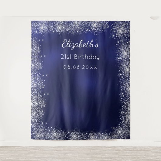 Birthday Marine blau silberner Glitzer Foto Hinter Wandteppich (Vorderseite)