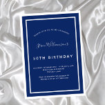 Birthday Marine blau weiße minimalistische Männer  Einladung<br><div class="desc">Modernes,  elegantes und einladendes Hotel. Ein marineblau mit weißen Rahmen dekorierter Hintergrund. Personalisieren und fügen Sie einen Namen und Details. Weißer Text.</div>