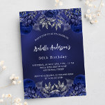 Birthday Marine blauen Blumen Luxus Einladung<br><div class="desc">Ein marineblauer Hintergrund mit blauen Rose und Blume. Die blaue Farbe ist ungleichmäßig. Personalisieren und fügen Sie einen Namen und Party-Details hinzu. Zurück: Marineblau und Imitate silberne Glitzern.</div>