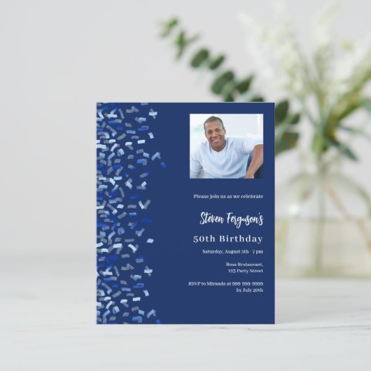 Birthday Marine Blue Foto Konfetti Einladung (Stehend Vorderseite)