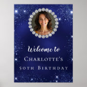 Birthday Marine Blue Glitzer Foto Diamanten willko Poster (Vorne)