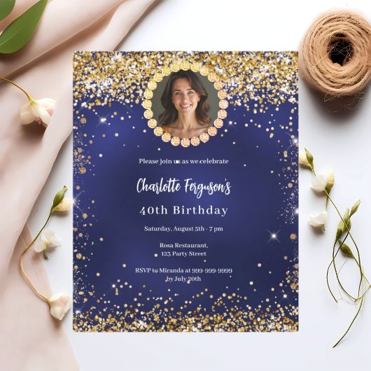 Birthday Marine Blue Gold Diamond Foto Einladung