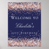 Birthday Marine Blue Rose Gold Glitzer Empfang Poster (Vorne)