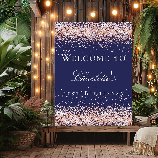 Birthday Marine Blue Rose Gold Glitzer Empfang Poster