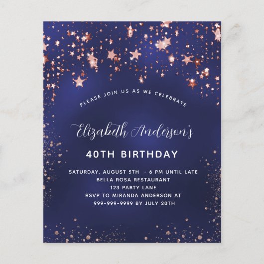 Birthday Marine Blue Rose Stars Budget Einladung (Vorderseite)