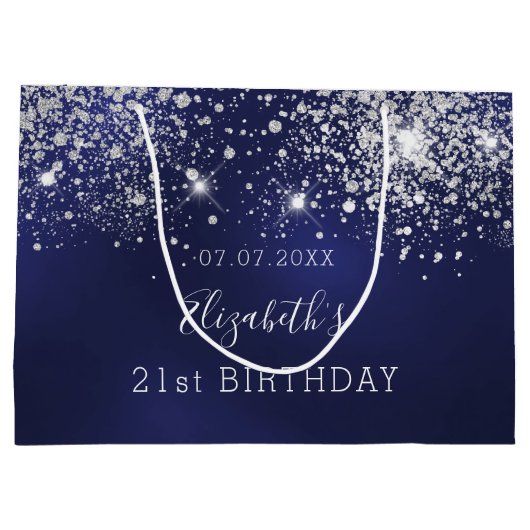 Birthday Marineblau-Glitzer Große Geschenktüte (Rückseite)