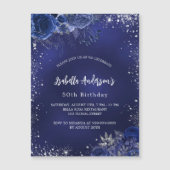 Birthday marineblaue Blumen silberne Glitzern Luxu Magneteinladung (Vorderseite)