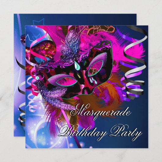 Birthday Masquerade Party Maske Blue Pink Einladung (Vorne/Hinten)