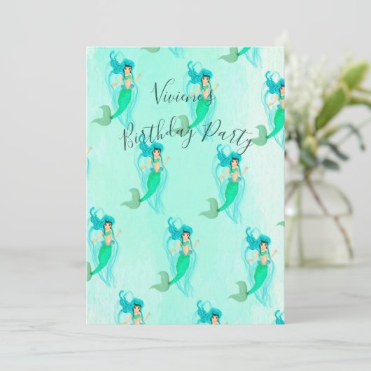 Birthday Mermaid Pattern Green Mermaid Schwanz Gir Einladung (Stehend Vorderseite)