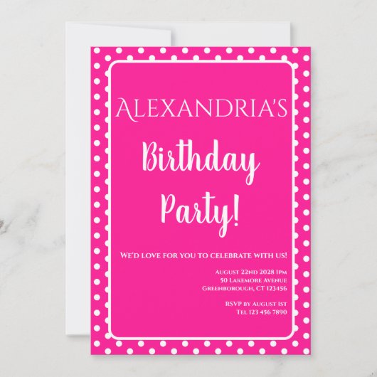 Birthday Modern Hot Pink Polka Dots Einladung (Vorderseite)