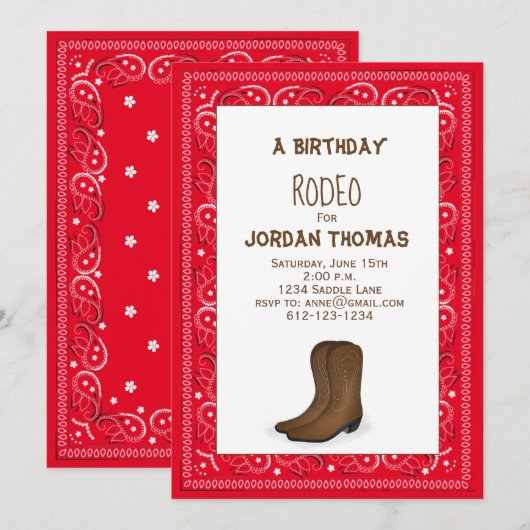 Birthday Modern Niedlich Red Bandana Cowboy Boots Einladung (Vorne/Hinten)