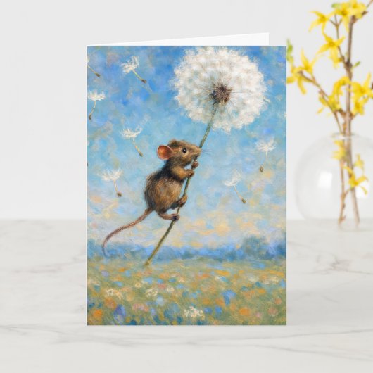 Birthday Mouse Floating on a Fluffy Dandelion Karte (Gelbe Blume)