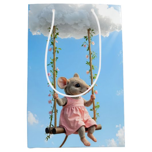 Birthday Mouse In a Pink Dress On a Swing Mittlere Geschenktüte (Vorderseite)