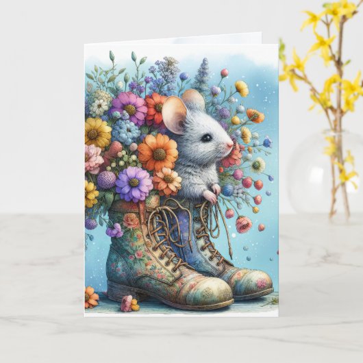 Birthday Mouse in Old Boot Karte (Gelbe Blume)
