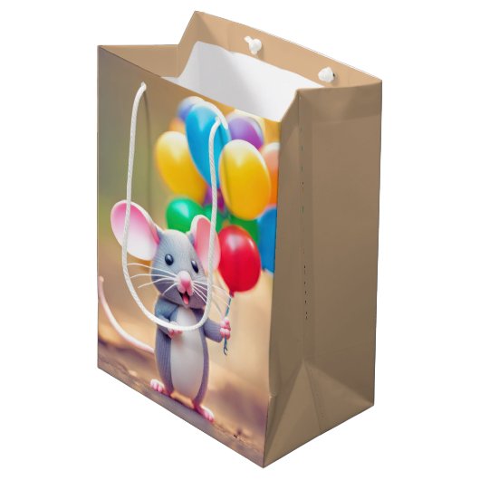 Birthday Mouse mit Balloons Mittlere Geschenktüte (Vorderseite Schrägansicht)