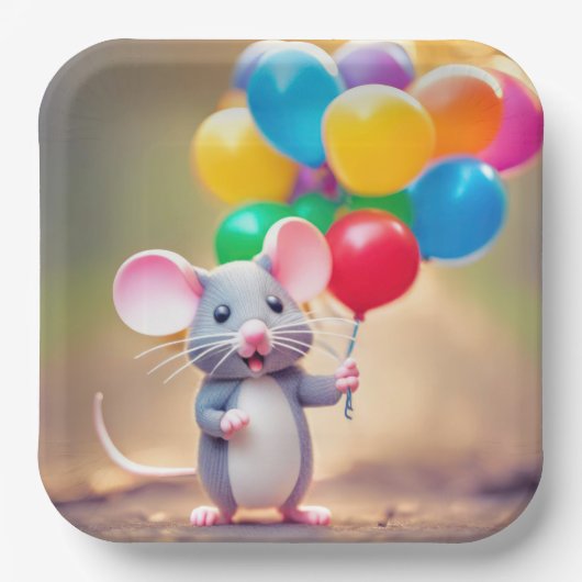 Birthday Mouse mit Balloons Pappteller (Vorderseite)