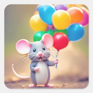 Birthday Mouse mit Balloons Quadratischer Aufkleber